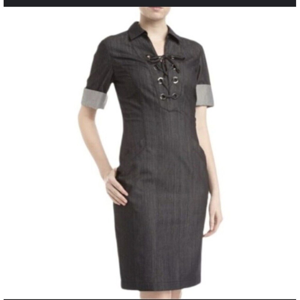 LAFAYETTE 148 New York Dark Chambray Black Denim Nissa Lace-Up Dress Sz 10